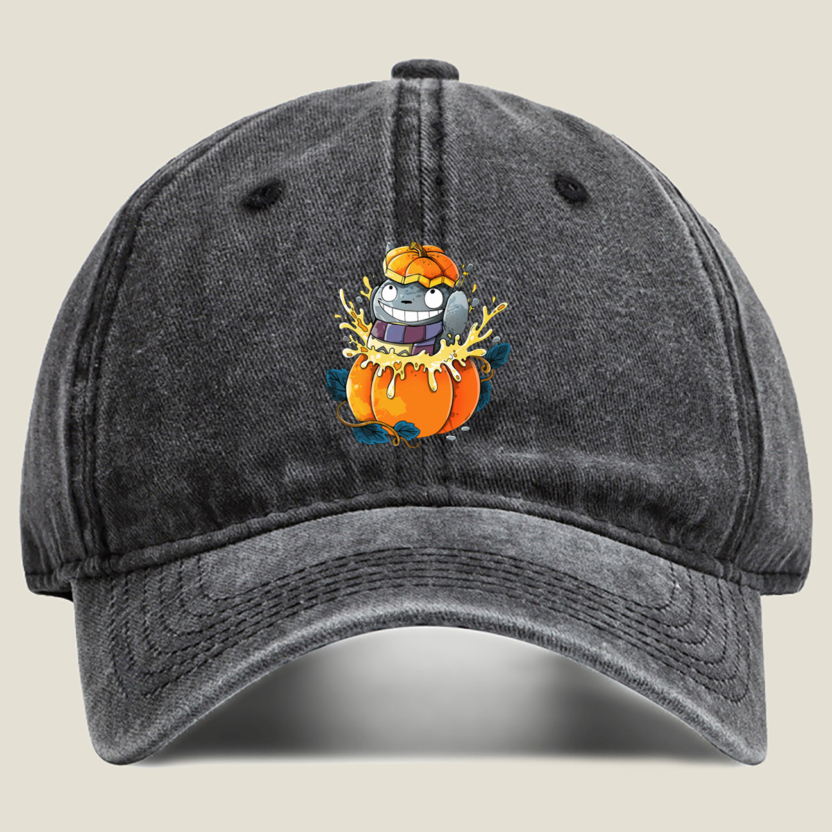 Pumpkin Cat in a Jack-o'-Lantern - Washed Denim - Baseball Cap
