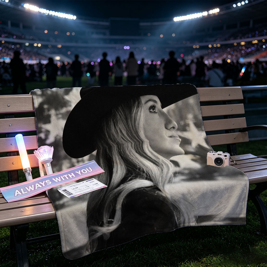Carrie Underwood in Cowboy Hat with American Flag Background – Black and White Portrait - Blankets