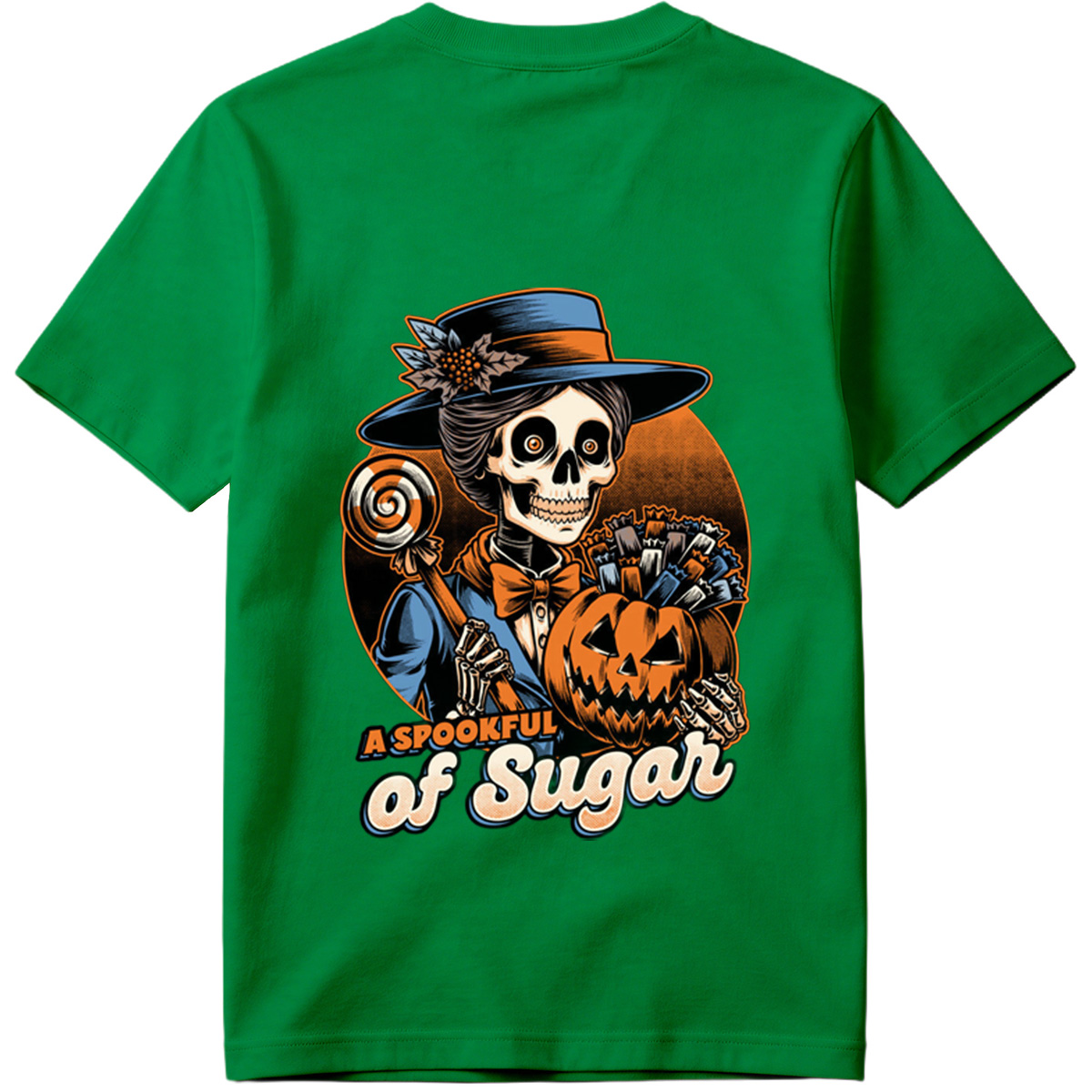 A Spookful of Sugar: Skeleton Lady with Pumpkin and Candy - Tee