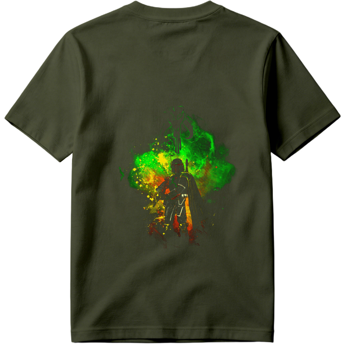 Mandalorian Warrior with Boba Fett Helmet and Green Energy Background - Tee