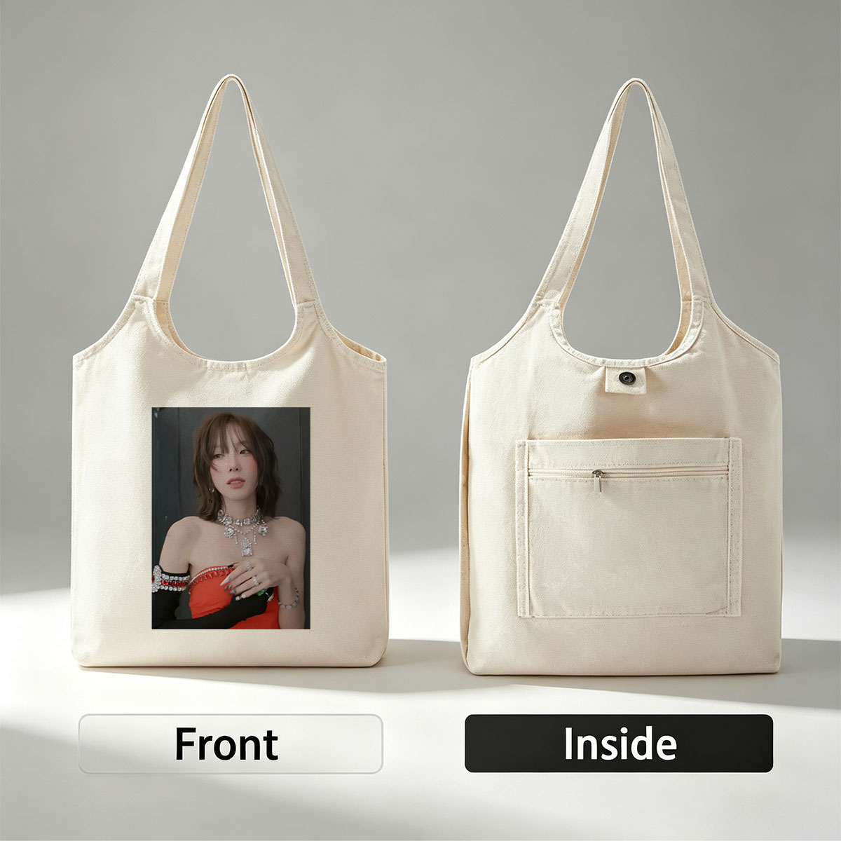 Taeyeon in a glamorous red outfit with sparkling jewelry and bold accessories - Canvas shoulder bags/