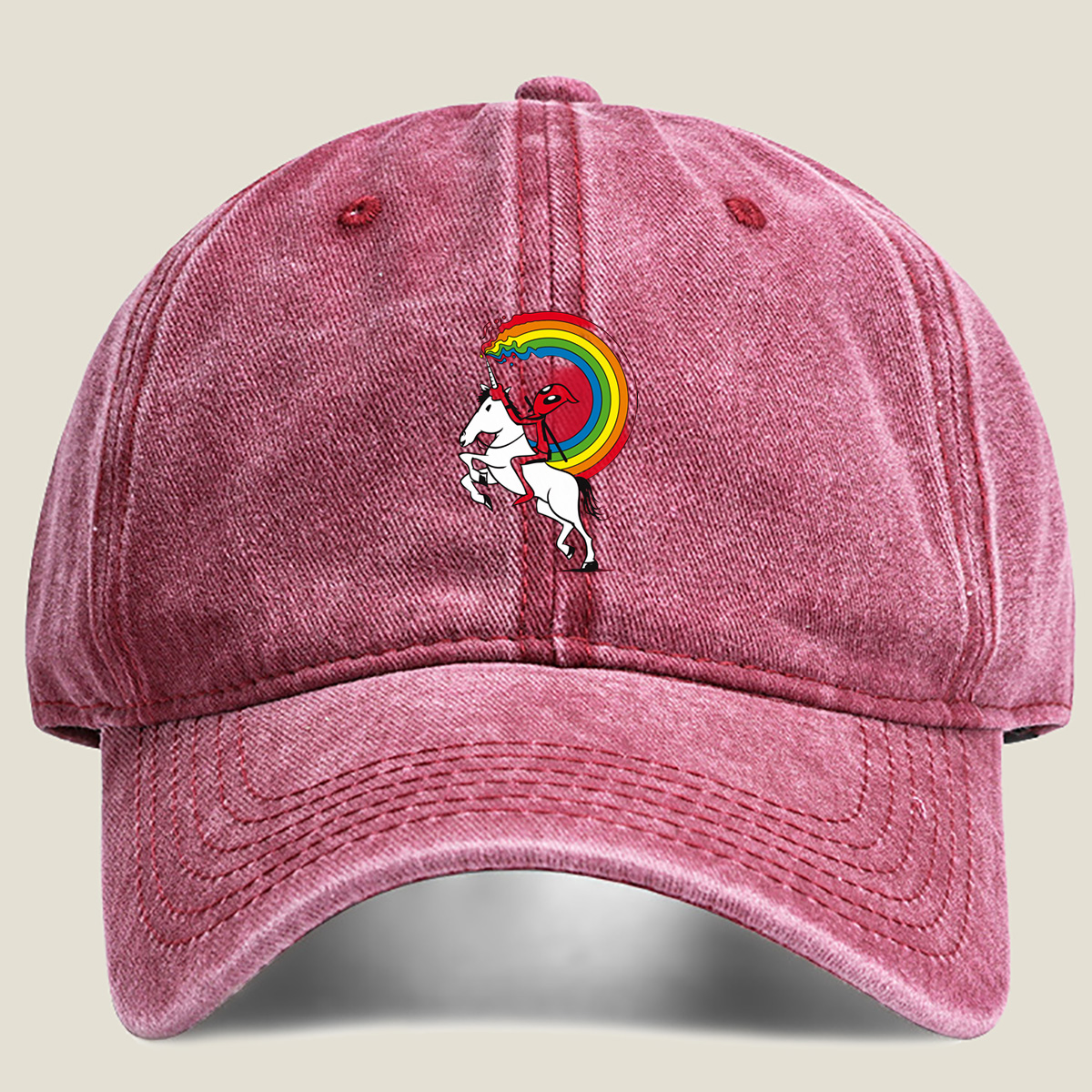 Unicorn Rider with Rainbow Trail - Washed Denim - Baseball Cap