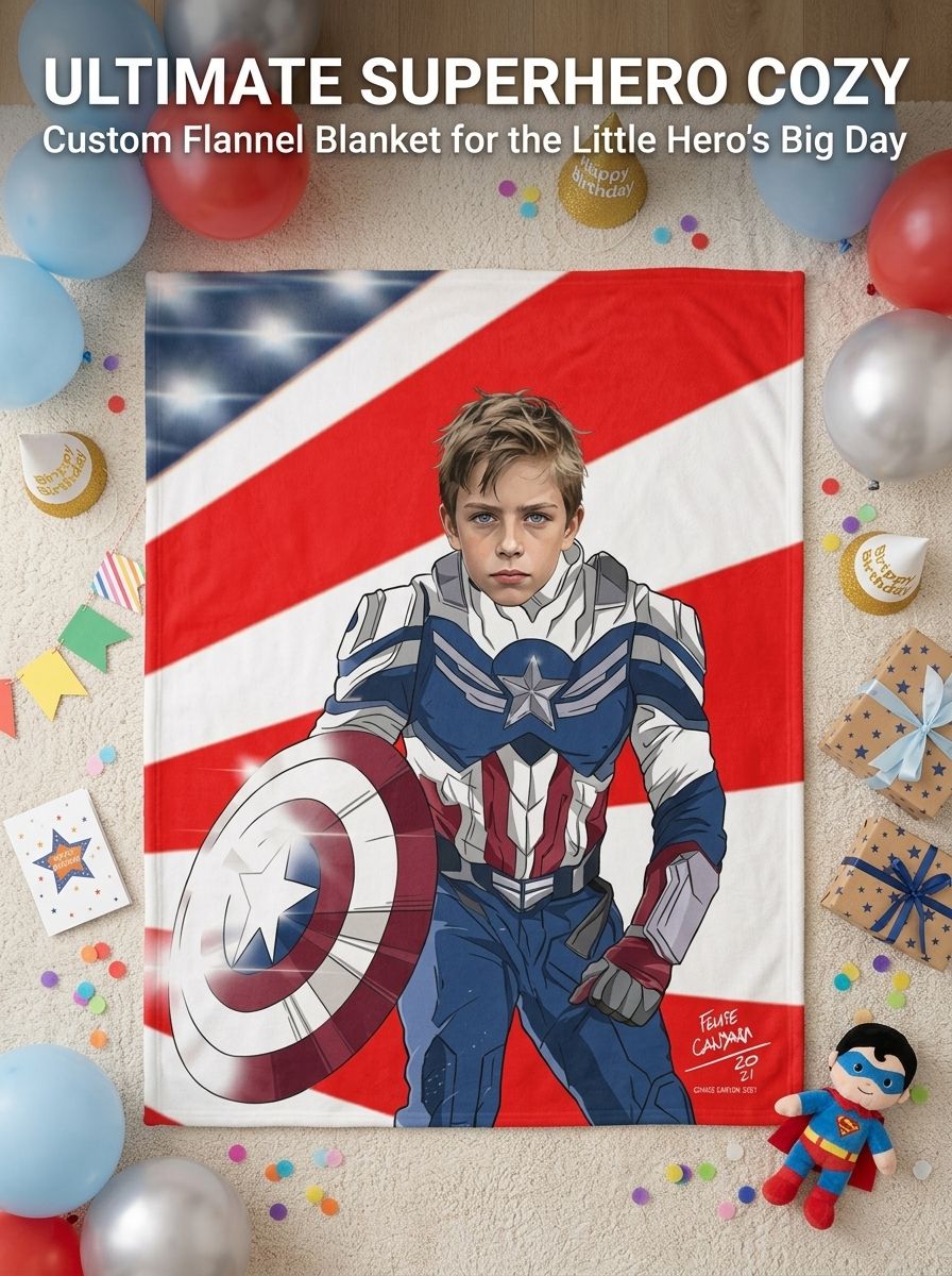 Custom Superhero Face Blanket Personalized Photo Flannel Throw for Kids Cozy Bedside Fleece Blanket Gift