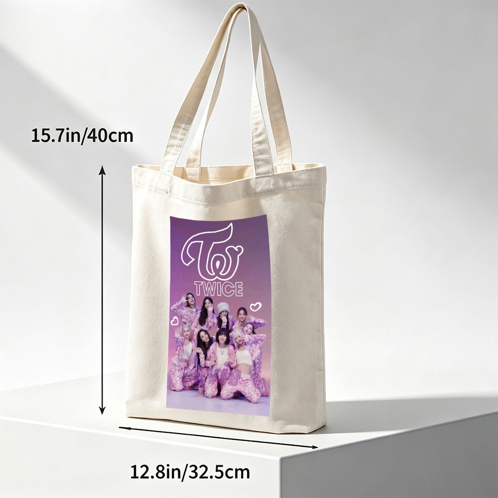 TWICE Group Photo in Pink Patterned Outfits with Heart Emojis and Logo Background - Canvas tote bags