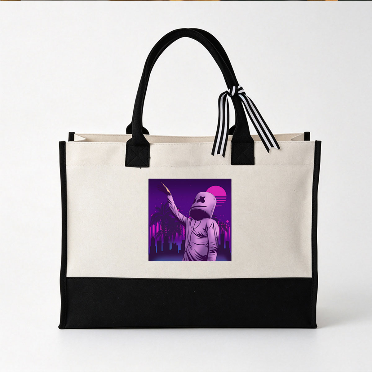 Marshmello in a vibrant purple cityscape with palm trees and a retro sunset - Canvas patchwork gift tote bag