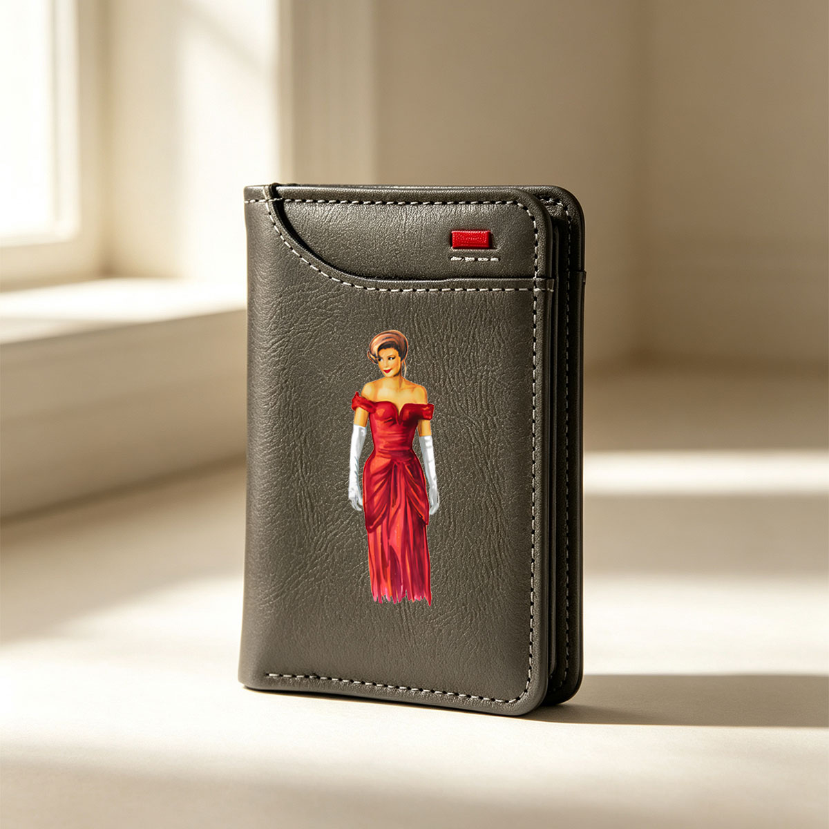 Elegant Woman in Red Gown with White Gloves - Vertical Style Wallet