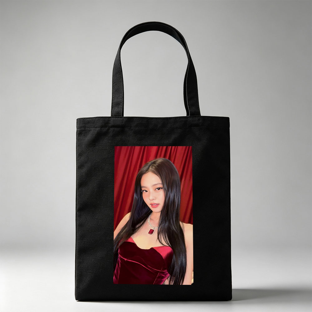 Jennie Kim in Red Velvet Dress at Glamorous Event with Red Curtain Background - Canvas tote bags