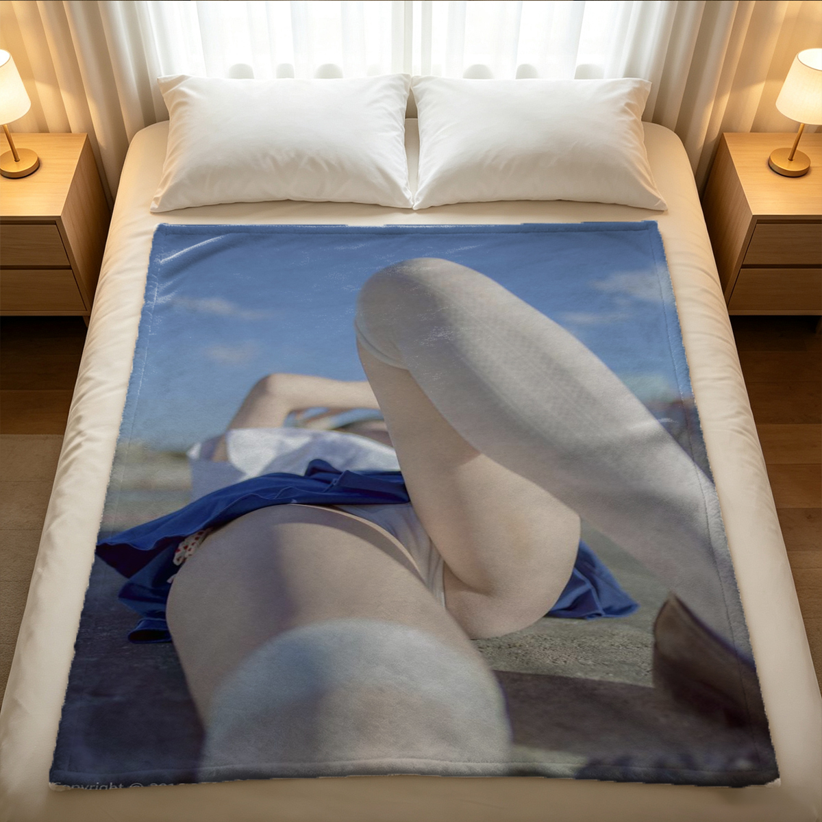 Nude Asian woman with bob haircut posing with pearl body chain on bed. - Blanket