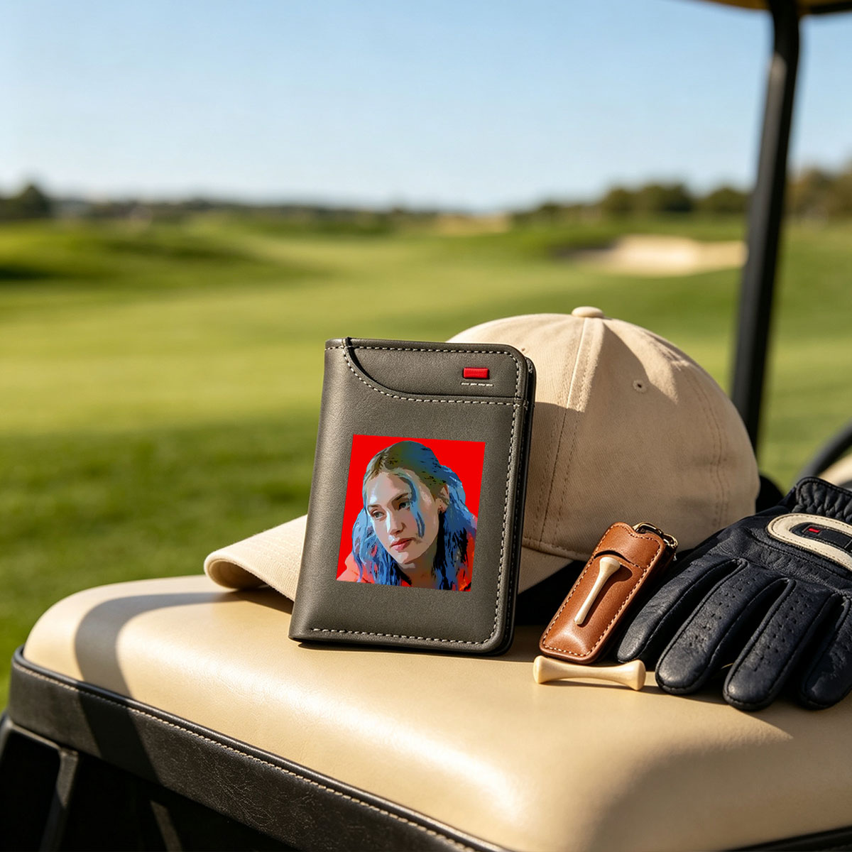 Portrait of a Woman with Blue Hair Against Red Background - Vertical Style Wallet