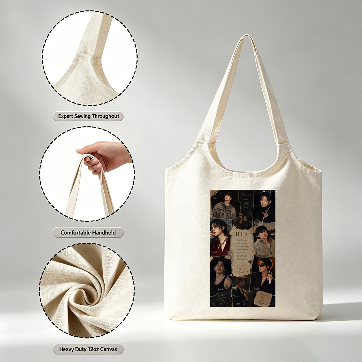 BTS Members in Various Stylish Poses and Expressions Collage - Canvas shoulder bags/