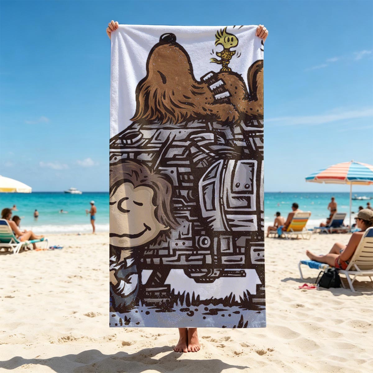 Luke Skywalker, Chewbacca, and C-3PO on a Millennium Falcon Cartoon - Beach towels