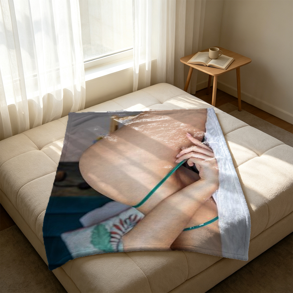 Nude woman with ponytail opening glass door from behind. - Blanket