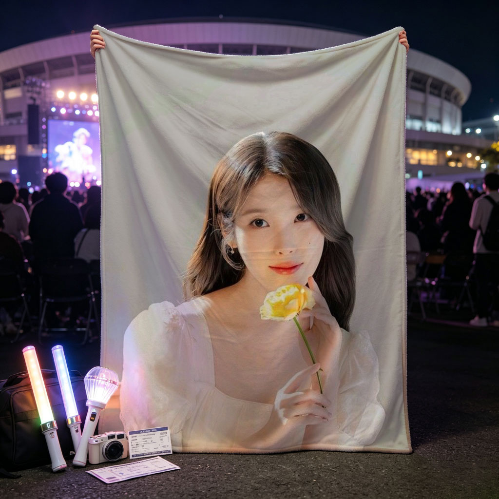 IU Holding a Yellow Rose in a Soft White Dress - Blankets