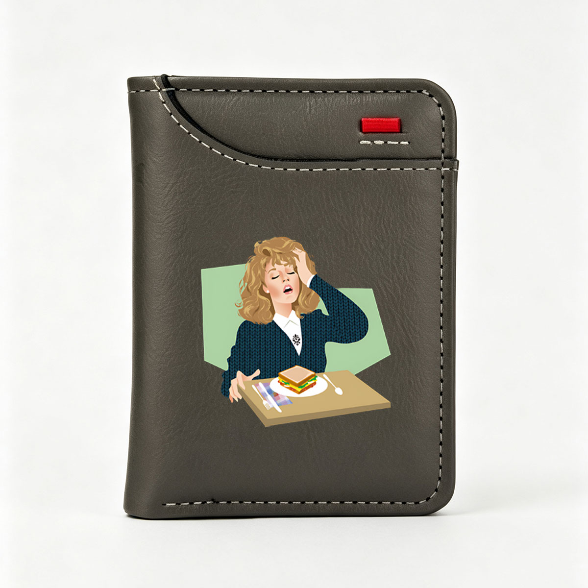 Woman in Blue Sweater with Sandwich on Tray - Vertical Style Wallet