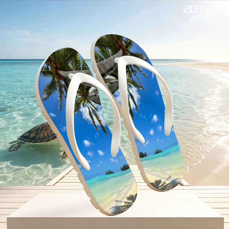 Tropical beach with palm trees and clear blue water -  flip-flops