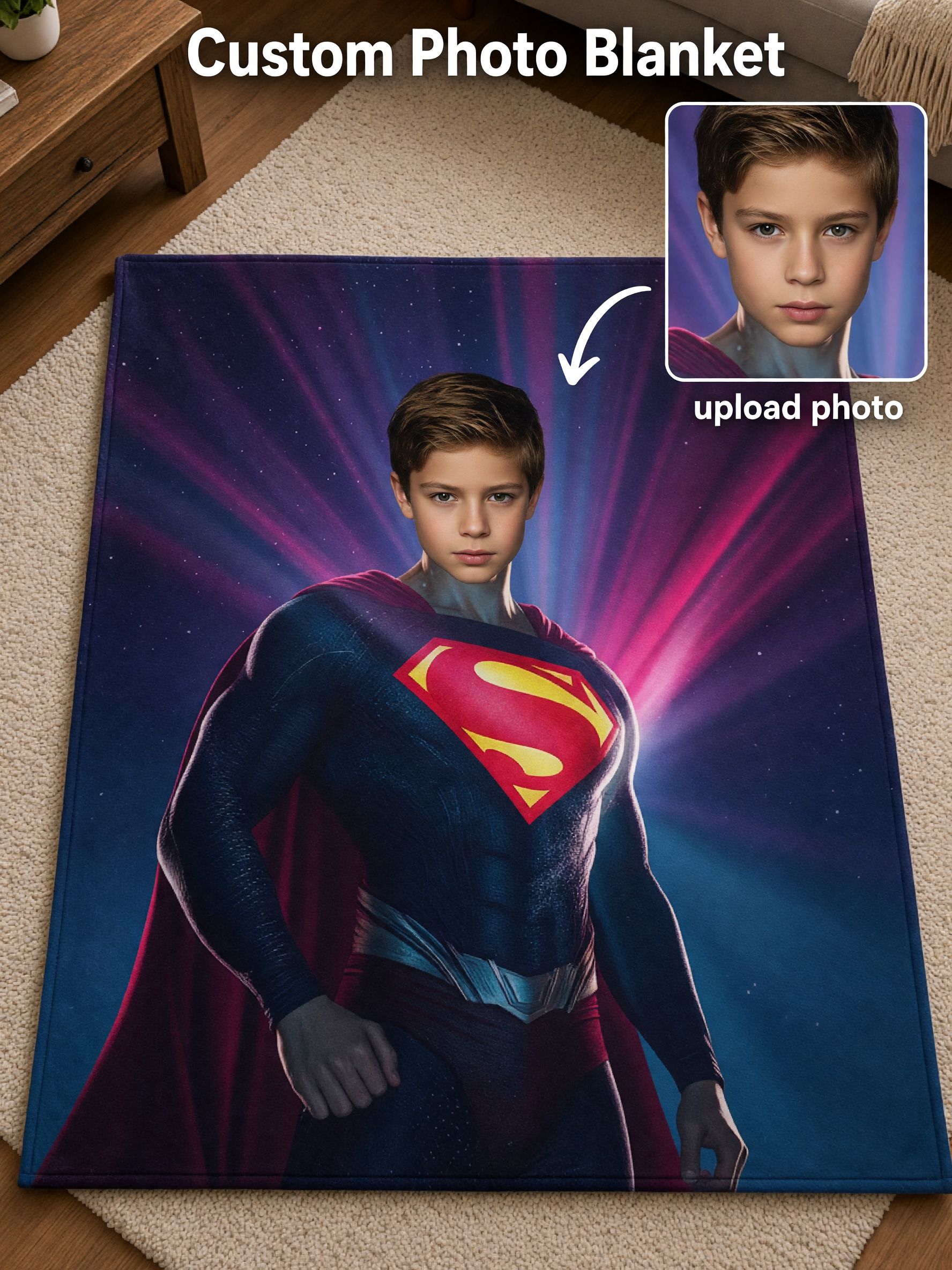 Custom Face Photo Blanket Personalized Superhero Flannel Throw, Ultra Soft Cozy Keepsake Bed Couch Blanket Gift