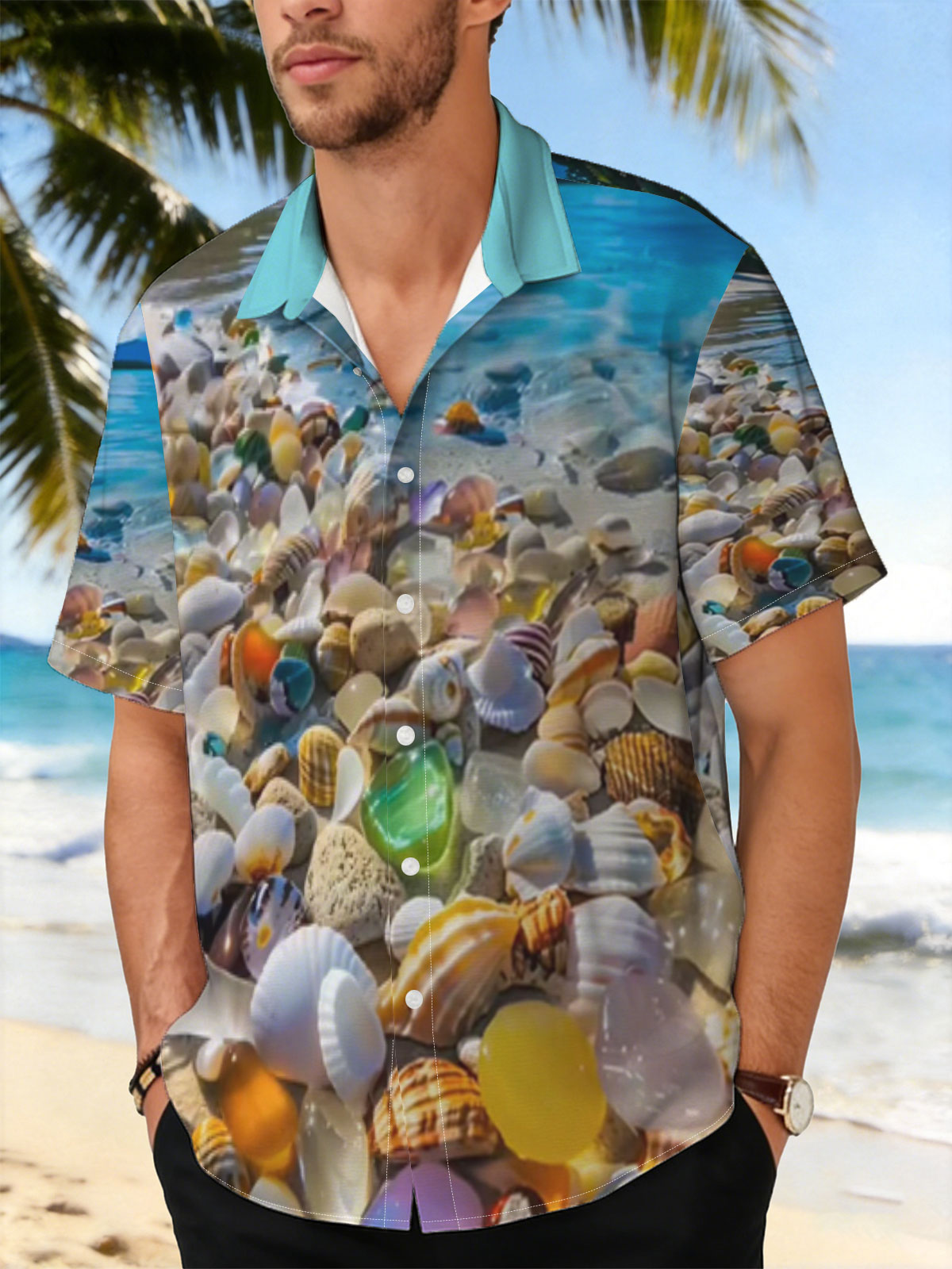 Colorful seashells on a tropical beach with clear blue water and sky. -  Shirt