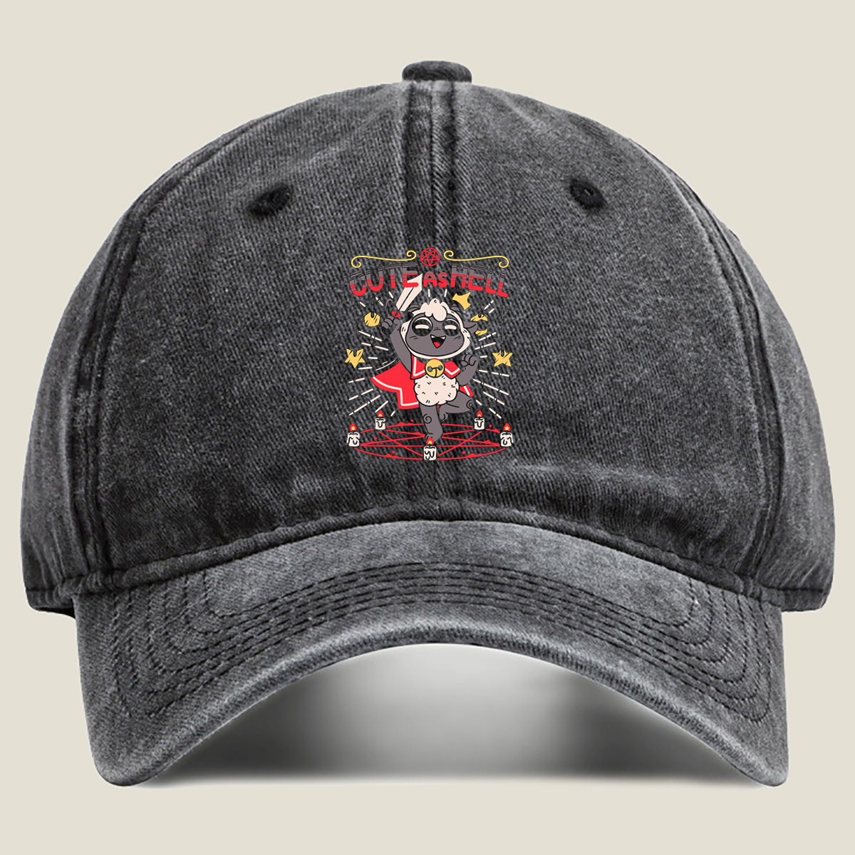 Cute as Hell: Devilish Sheep Character Design - Washed Denim - Baseball Cap