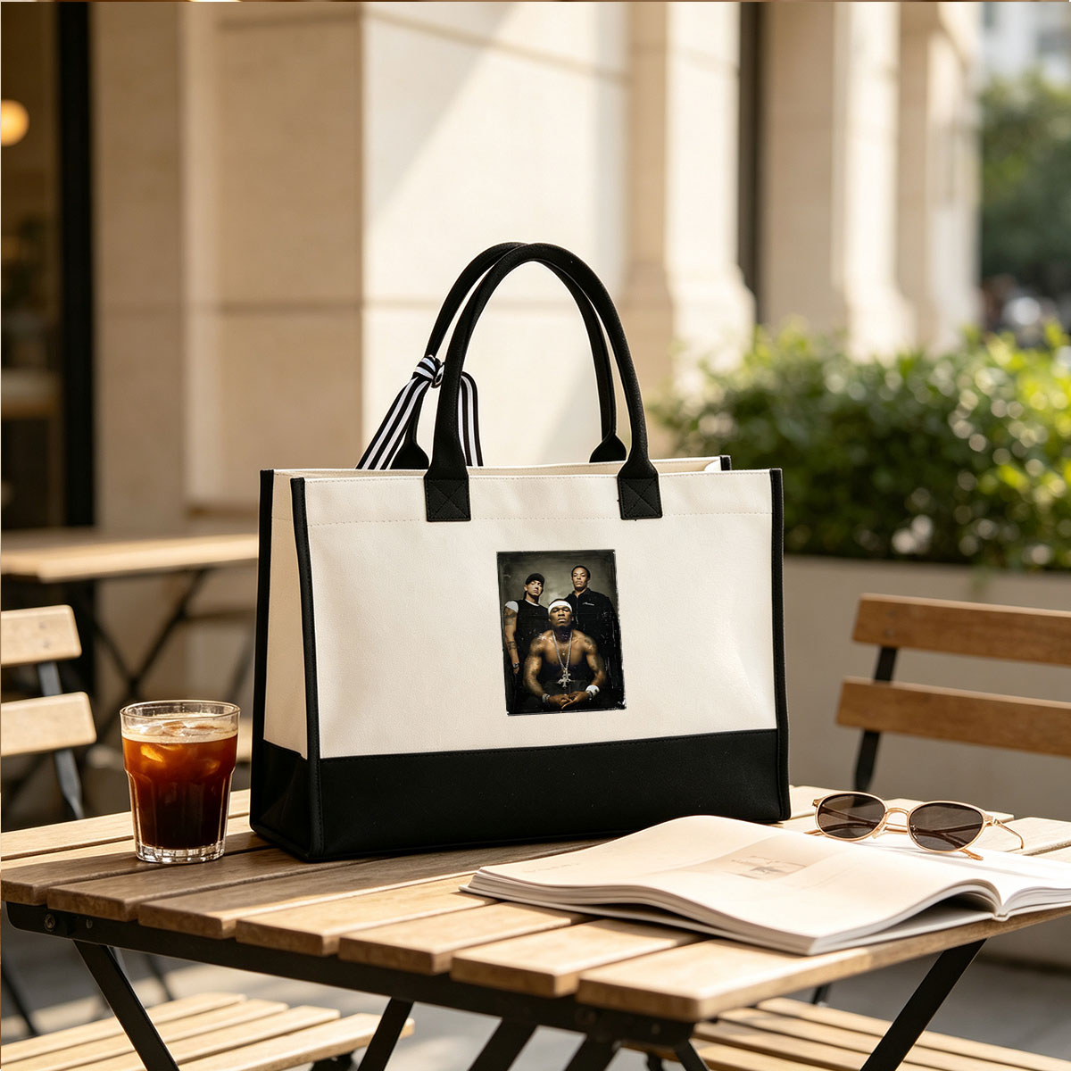 50 Cent, Eminem, and Lloyd Banks in a powerful group portrait - Canvas patchwork gift tote bag