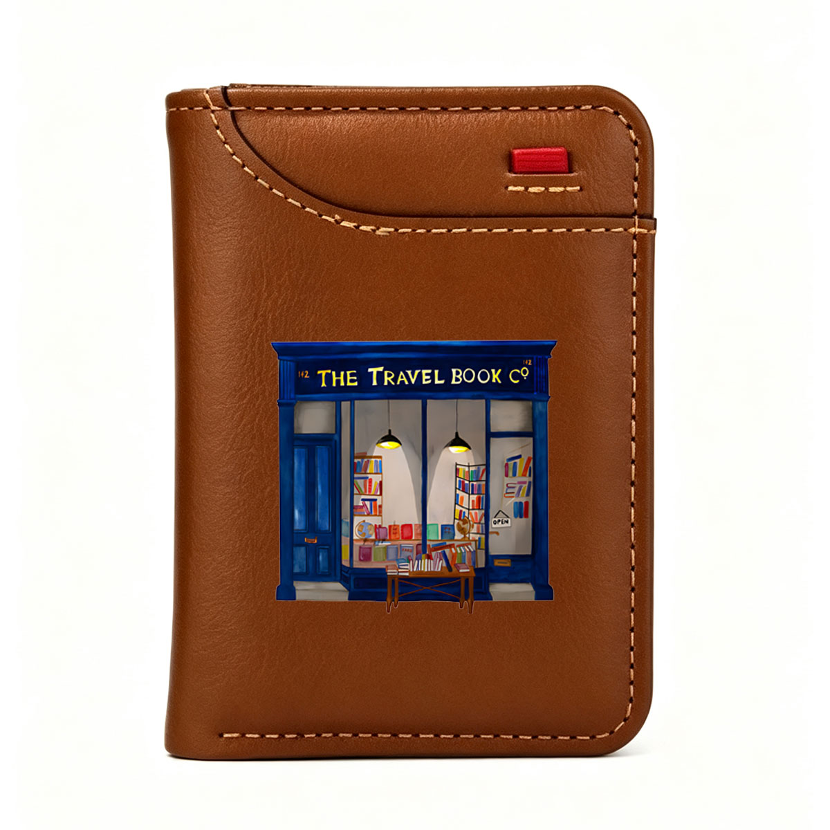 The Travel Book Co: A Cozy Bookstore with Colorful Shelves and Open Sign - Vertical Style Wallet