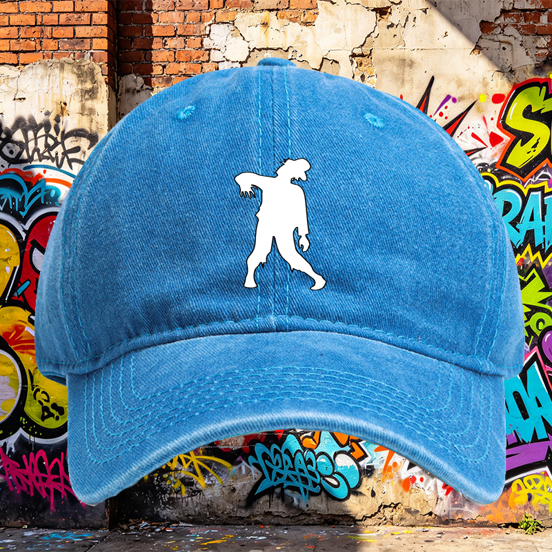 Unisex Classic Washed Cotton Hat with Zombie Silhouette Print – Perfect for Halloween, Outdoor Adventures, and Casual Wear – Ideal for Teens and Adults Seeking Unique Streetwear Style