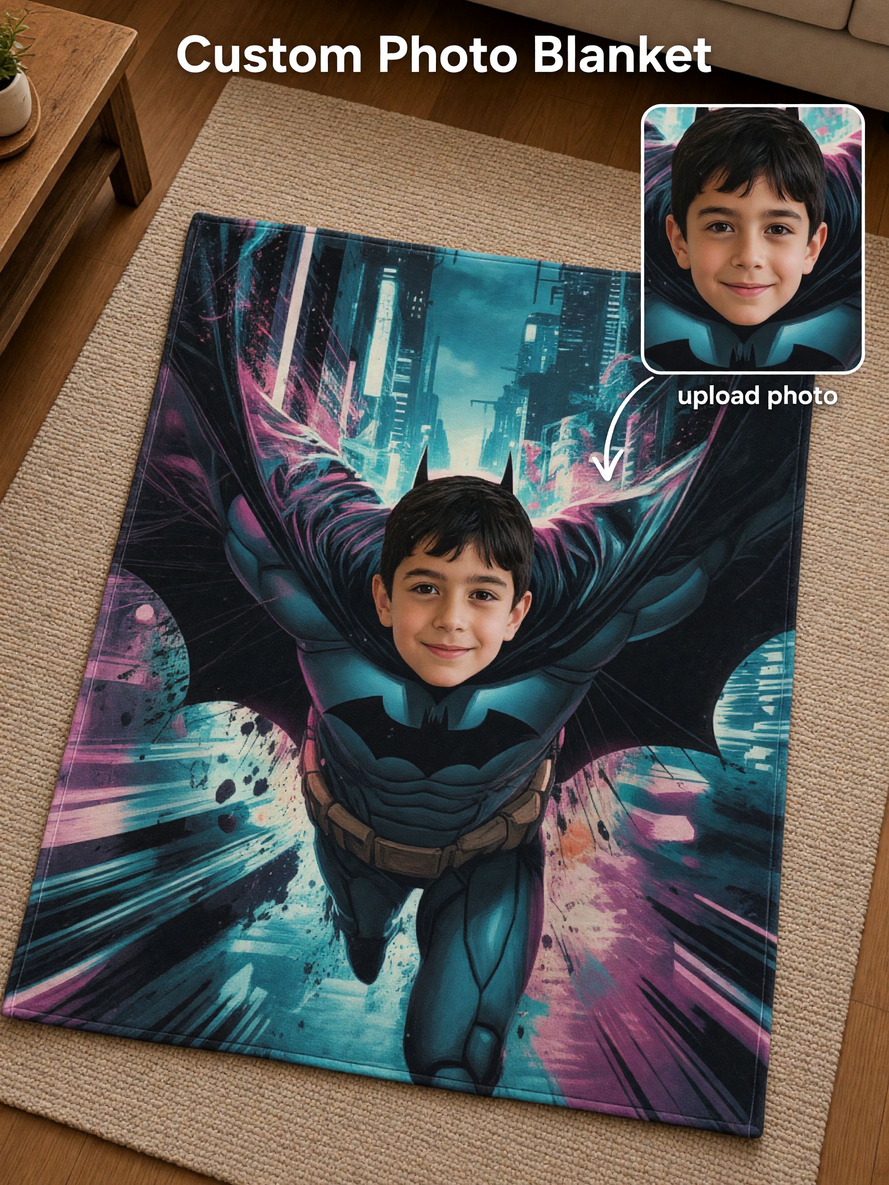Custom Photo Superhero Flannel Blanket, Soft Personalized Face Throw Fleece, Ideal Personalized Gift for Kids