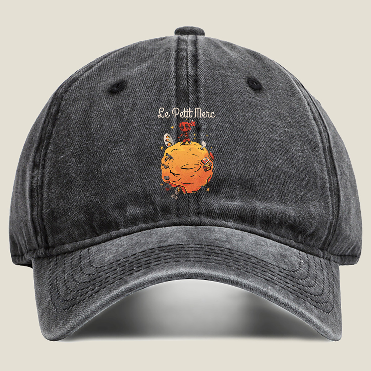 Deadpool on a Planet with Weapons and Space Items - Washed Denim - Baseball Cap