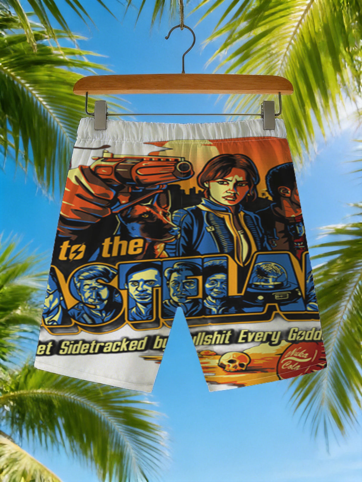 Welcome to the Wasteland: Post-Apocalyptic Survivors, Nuka-Cola, and Iconic Characters in a Dystopian World -  Beach shorts