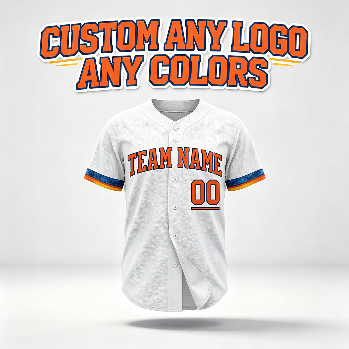 Custom Printed Houston Space City Style Baseball Jersey White Orange Piping Button Down Shirt for Men and Women