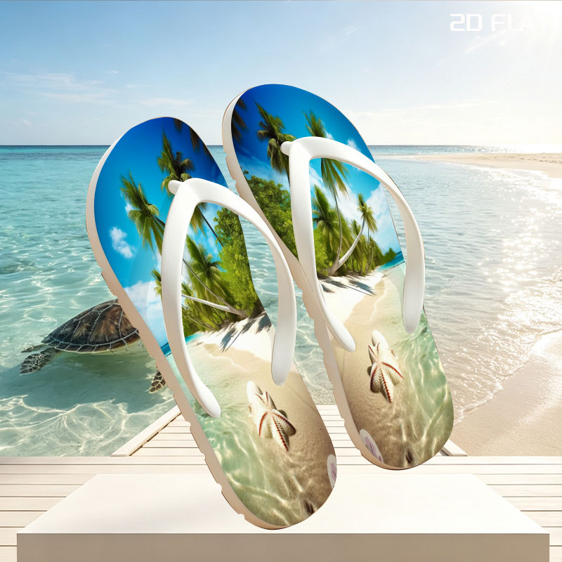 Tropical Beach with Palm Trees and Starfish -  flip-flops