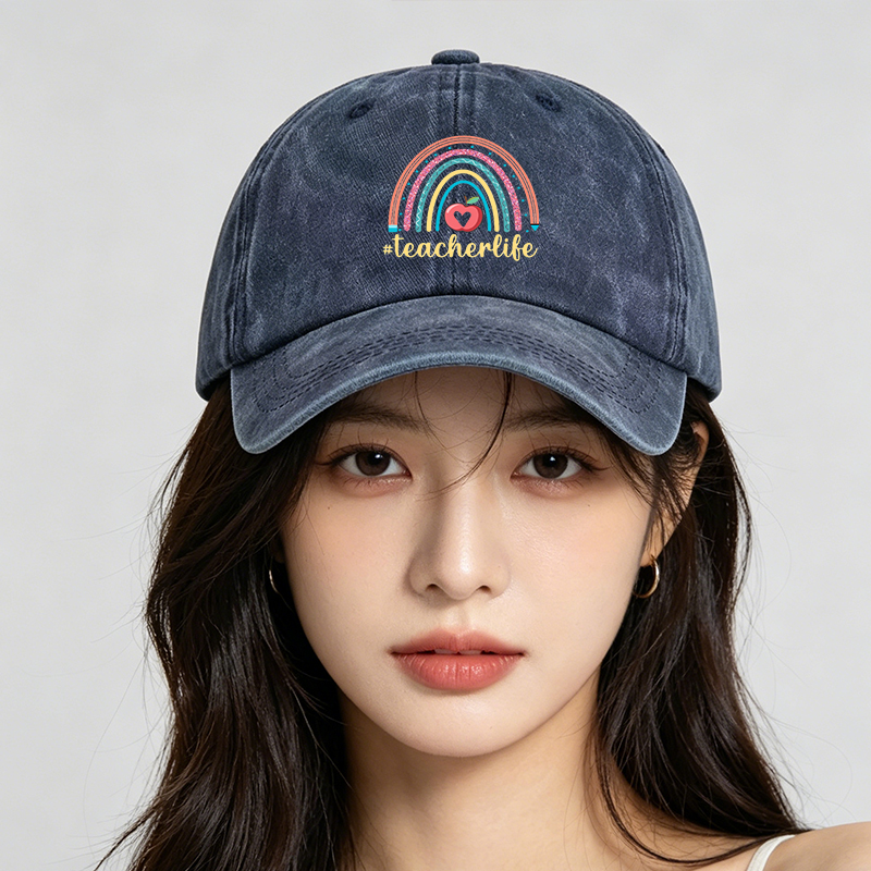 Men's Printed Washed Cap with Rainbow Apple and #teacherlife Design - Casual Round Brim Summer Lightweight Hat for Teachers and Educators