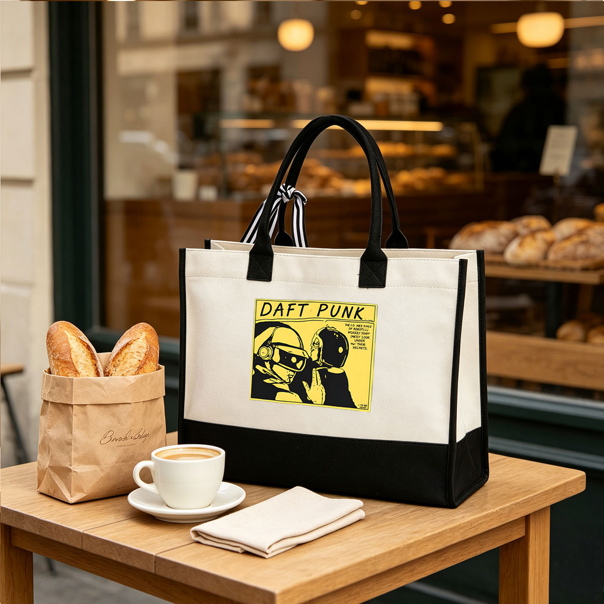 Daft Punk: The Iconic Robot Duo with Their Signature Helmets - Canvas patchwork gift tote bag