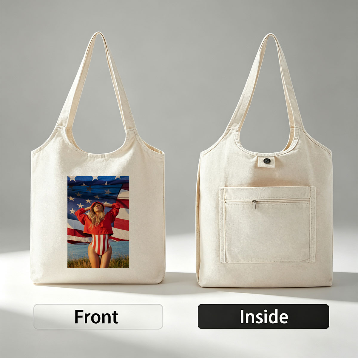 Beyonce in Red Hoodie and Striped Bodysuit Standing Before American Flag by the Beach - Canvas shoulder bags/