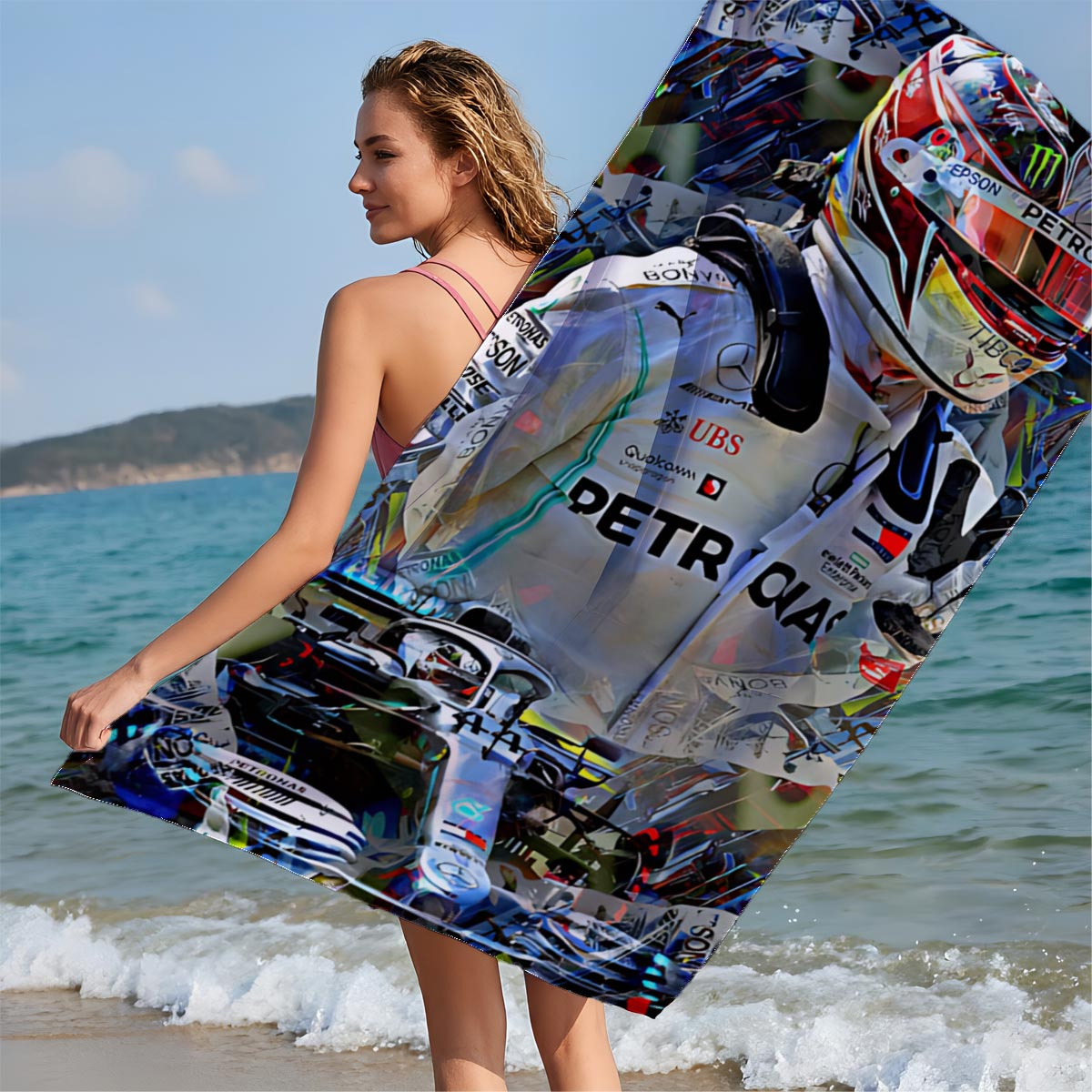 Lewis Hamilton in Mercedes F1 Racing Suit and Helmet, Petronas Sponsorship, Artistic Collage Style - Beach towels