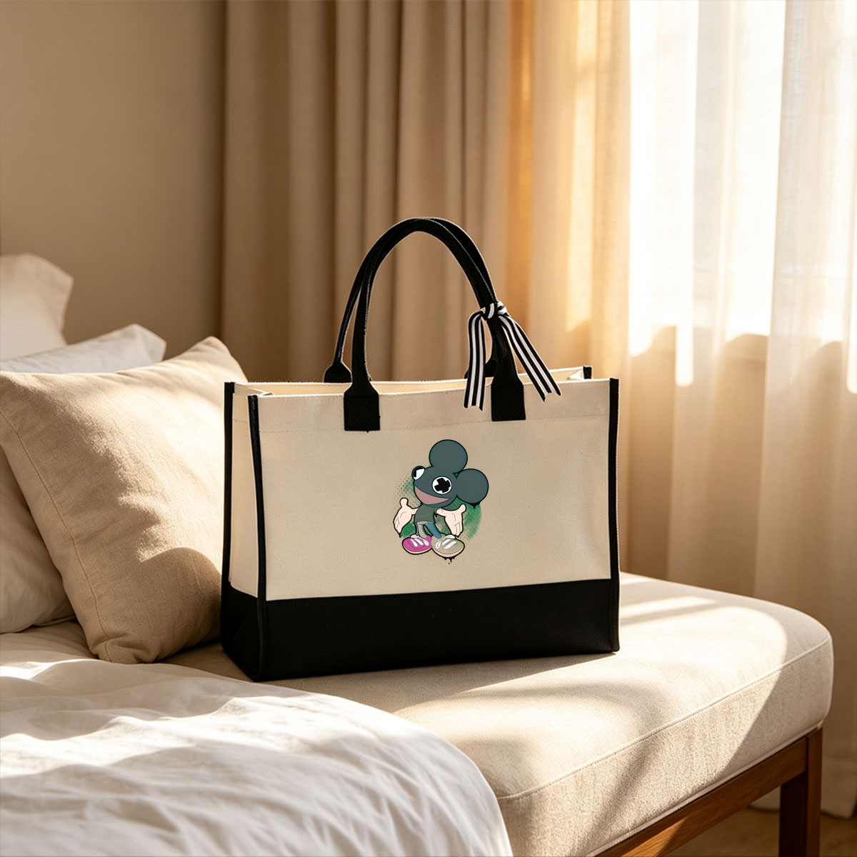 Mickey Mouse with Cross-Eyed Design and Colorful Shoes - Canvas patchwork gift tote bag