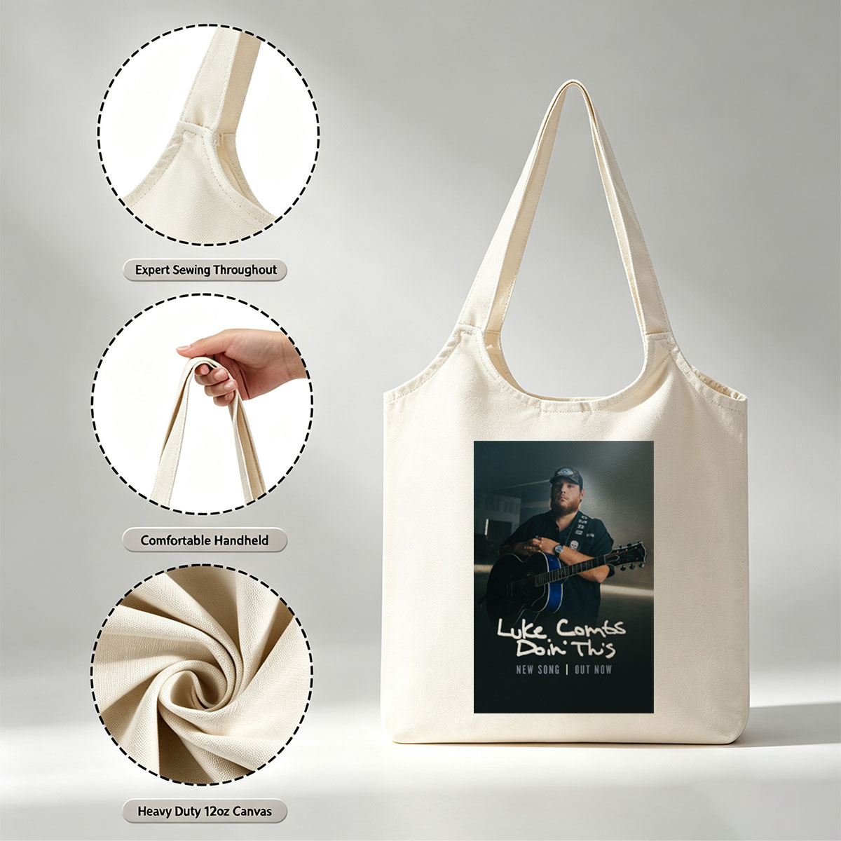 Luke Combs Holding Acoustic Guitar in Dark Studio Setting for New Song Release - Canvas shoulder bags/
