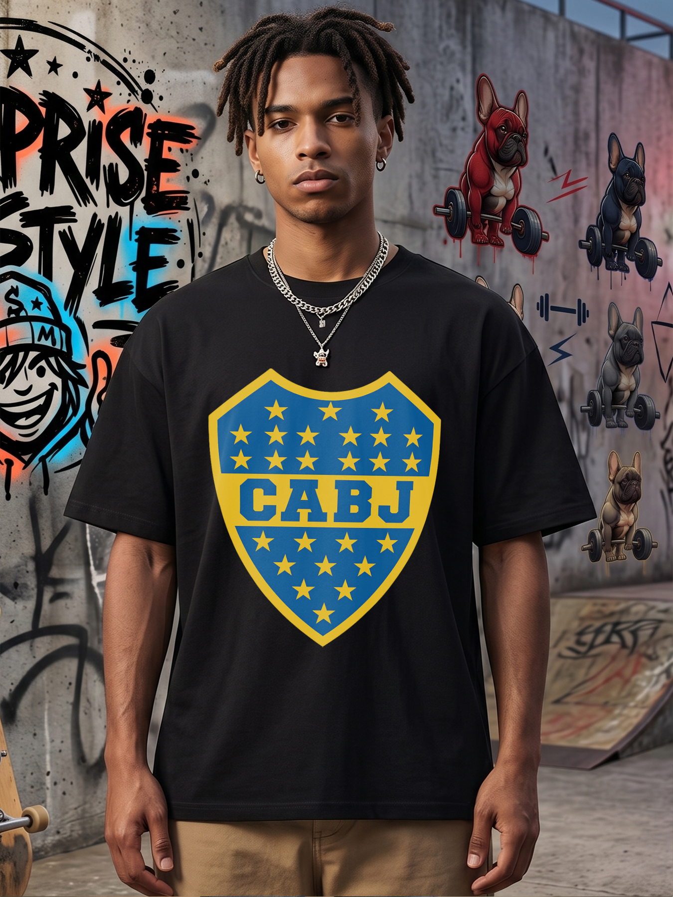 Men's Printed T-Shirt with CABJ Shield Logo and Stars Design, Casual Round Neck Summer Lightweight Breathable Short Sleeve Tee for Sports Fans and Everyday Wear, Suitable for Adults and Football Enthusiasts