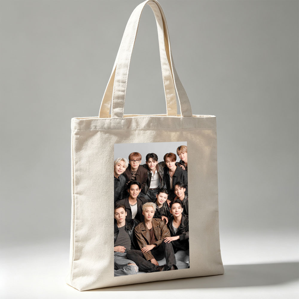 SEVENTEEN Group Photo - Members in Stylish Leather Outfits Posing Together for a Professional Shoot - Canvas tote bags