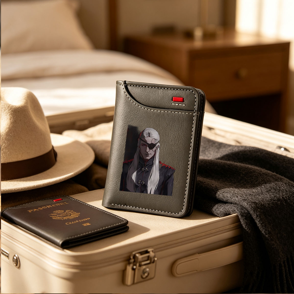 Elderly Warrior with White Hair and Eye Patch in Dark Armor - Vertical Style Wallet