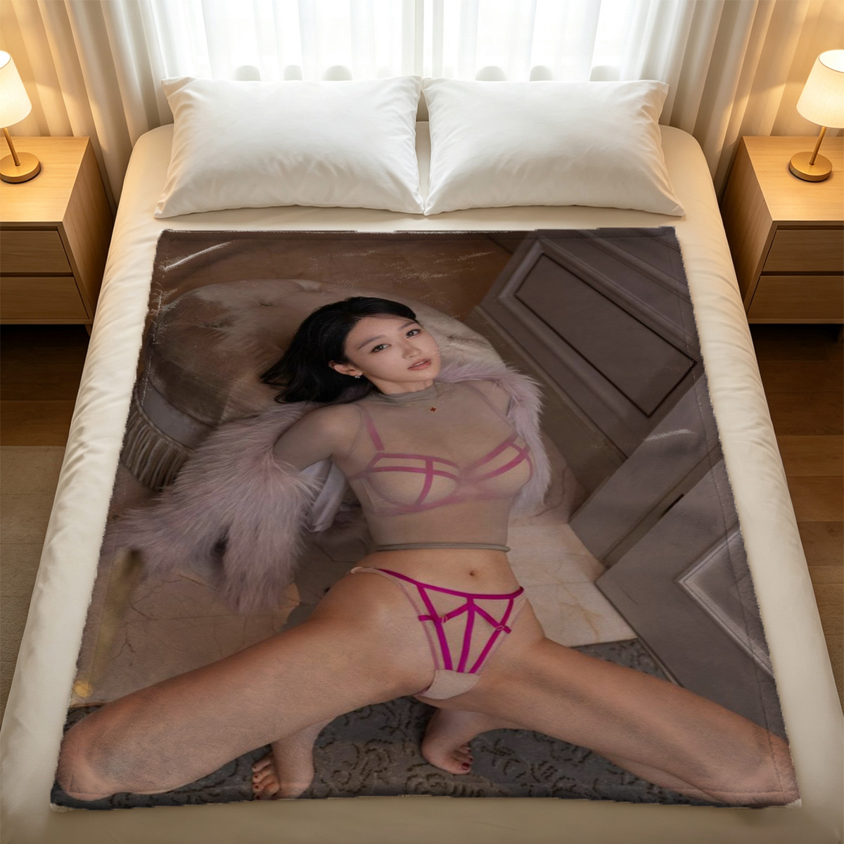 Nude woman posing on modern black bench. - Blanket