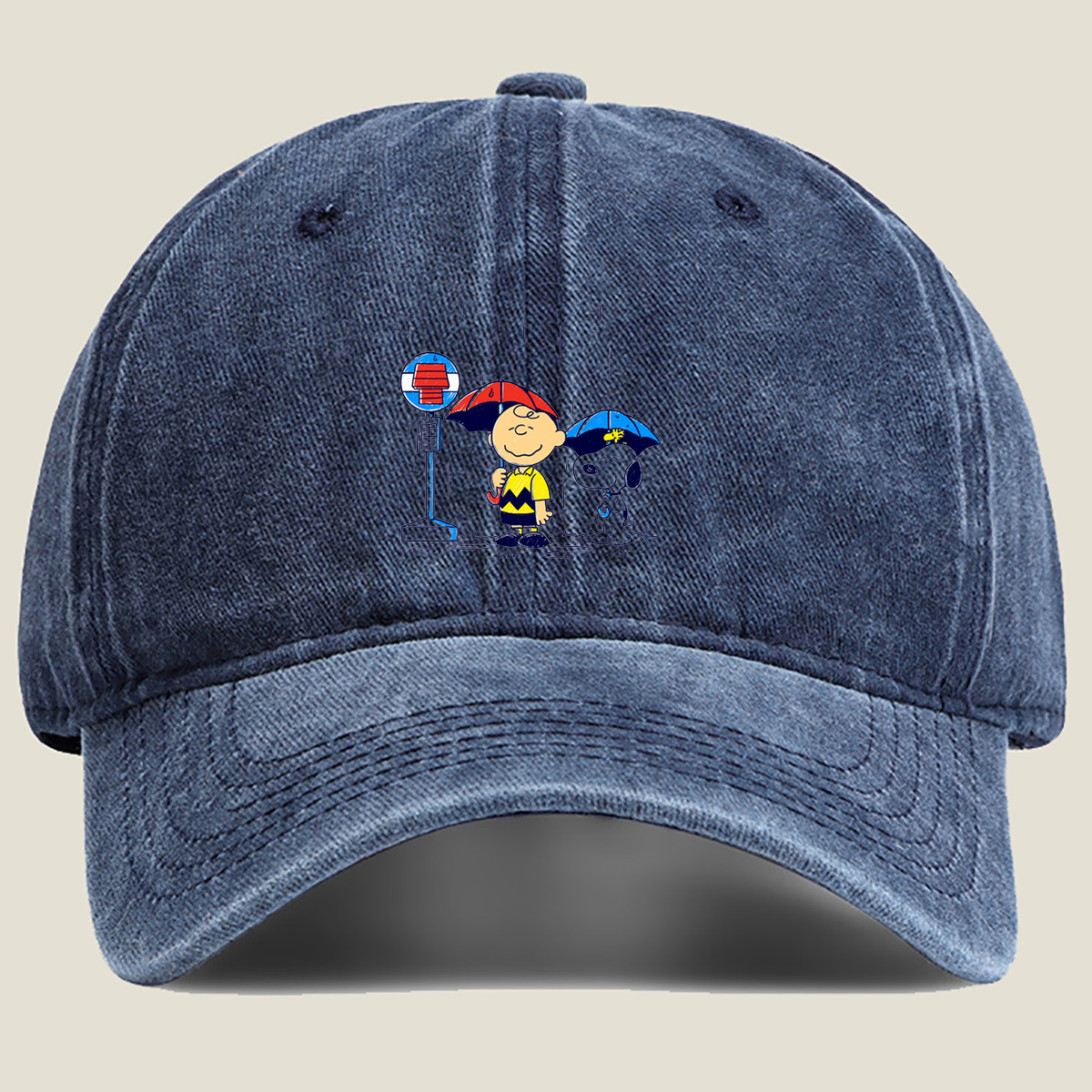 Peanuts: Charlie Brown and Snoopy in the Rain - Washed Denim - Baseball Cap