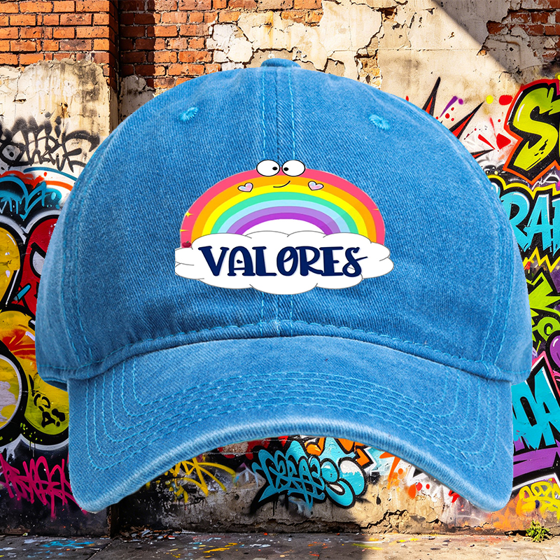 Unisex Classic Washed Cap with Rainbow and Valores Print - Casual Streetwear Hat for Outdoor Activities, Perfect for Youth and Adults Seeking Fun, Colorful Style