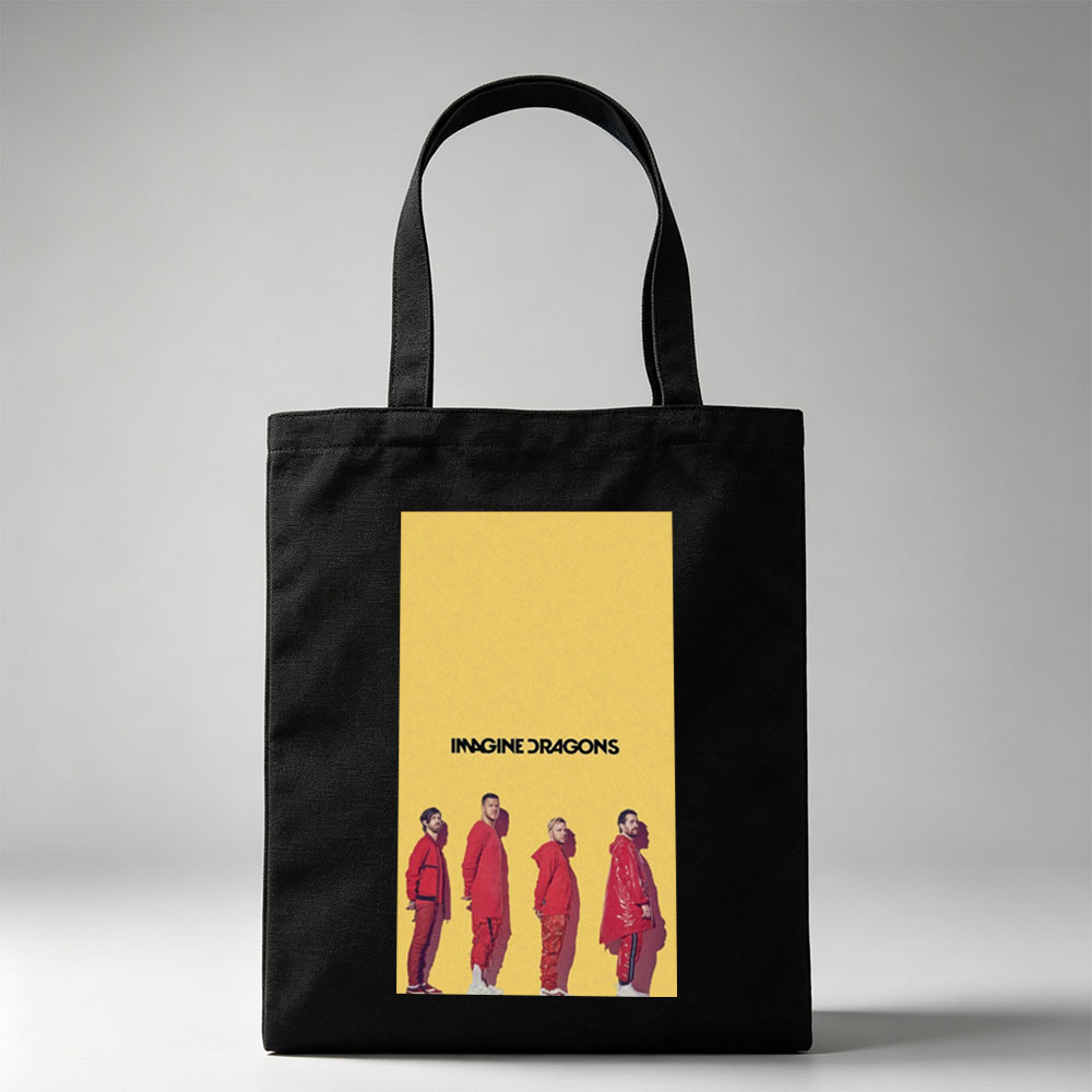 Imagine Dragons Standing in Red Outfits Against a Yellow Background - Canvas tote bags