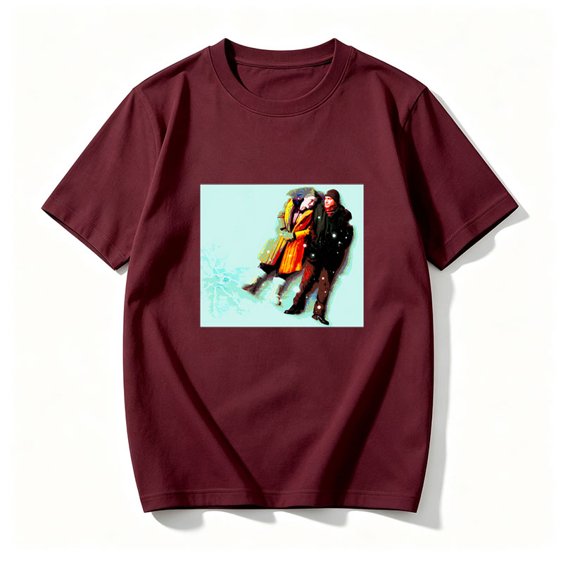 Couple in Winter Coats Walking in Snowy Scene - Tee