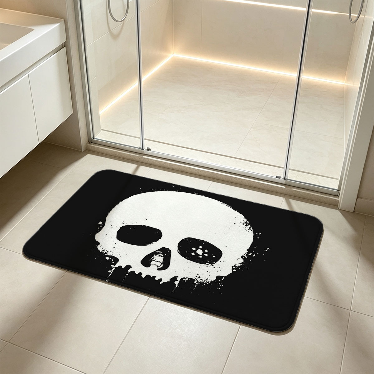 Skull with Ship in Mouth, Black and White Art - Flannel floor mat