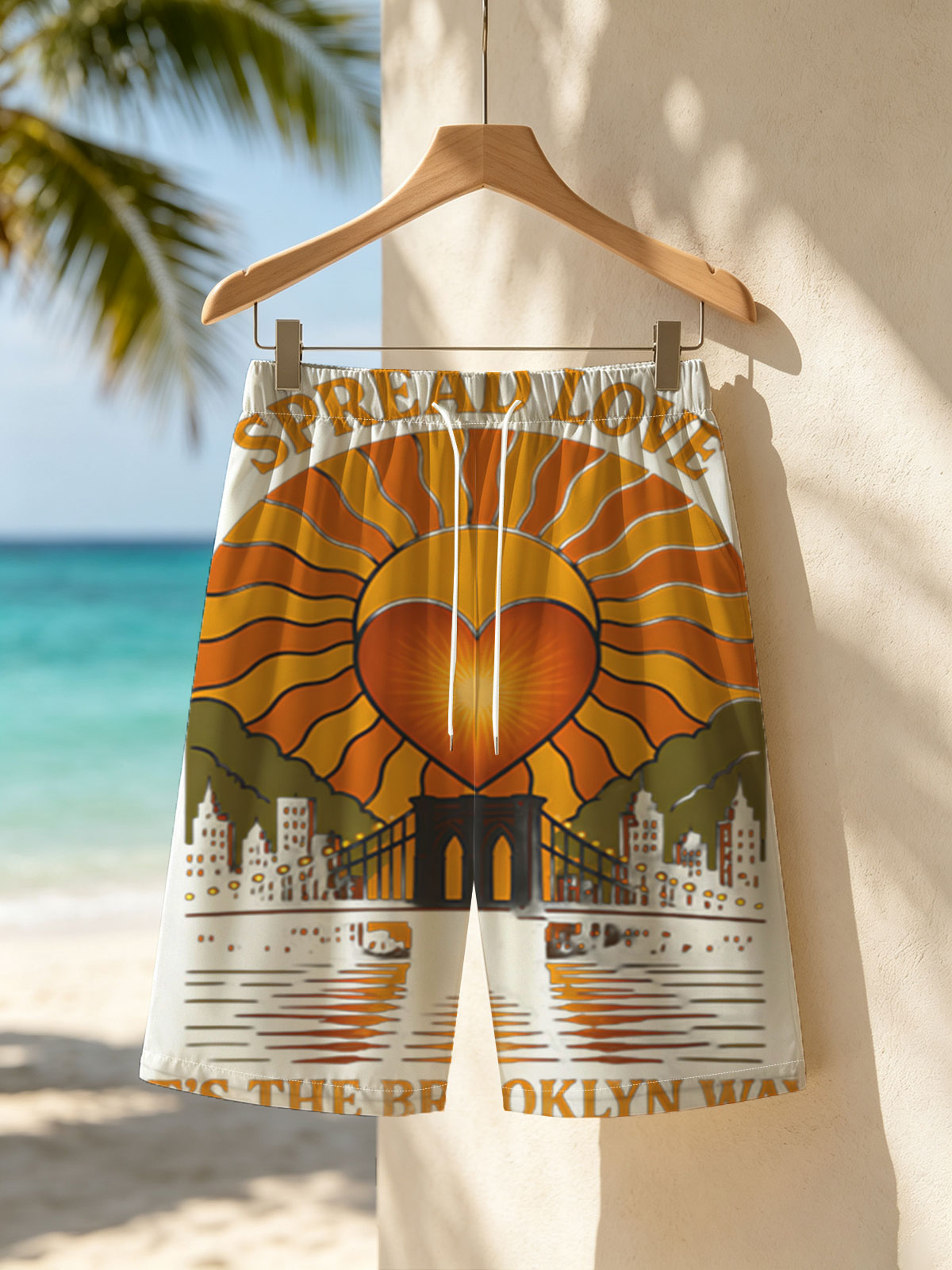 Spread Love: It's the Brooklyn Way - Heart Sun Over Bridge Cityscape -  Beach shorts