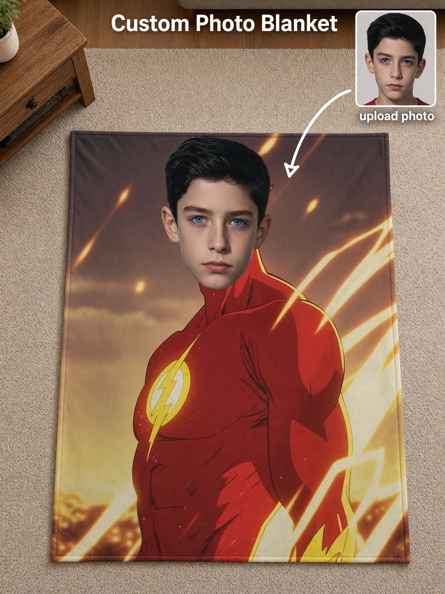 Custom Superhero Face Photo Blanket, Personalized Flannel Fleece Throw, Ultra Soft Cozy Bedding Gift for All Ages