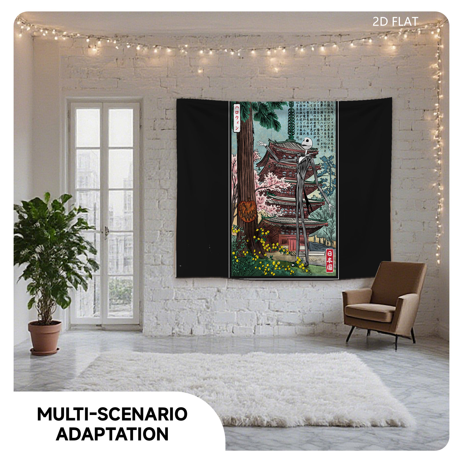 Jack Skellington in Japanese Garden with Pagoda and Pumpkin - Tapestry
