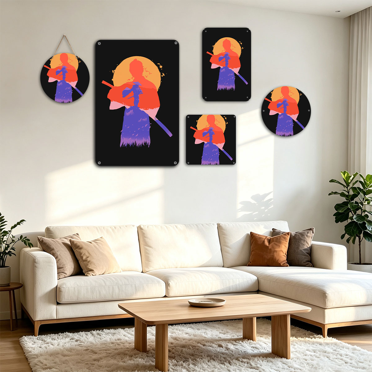Samurai Silhouette Against Sunset with Mount Fuji and Birds - painting