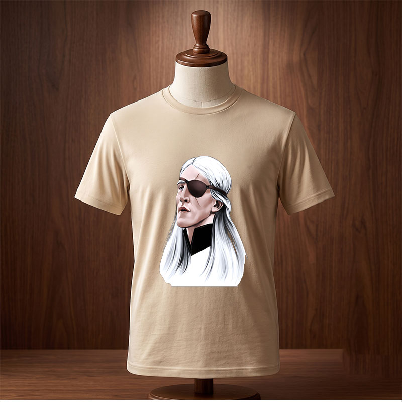 White-Haired Man with Eye Patch, Long Hair, Dark Clothing, Profile View - Tee